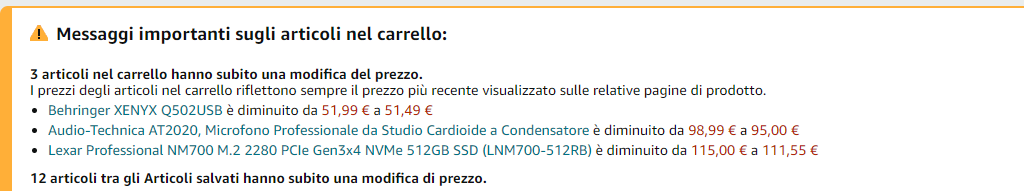 variazioni prezzo nel carrello - risparmiare su Amazon