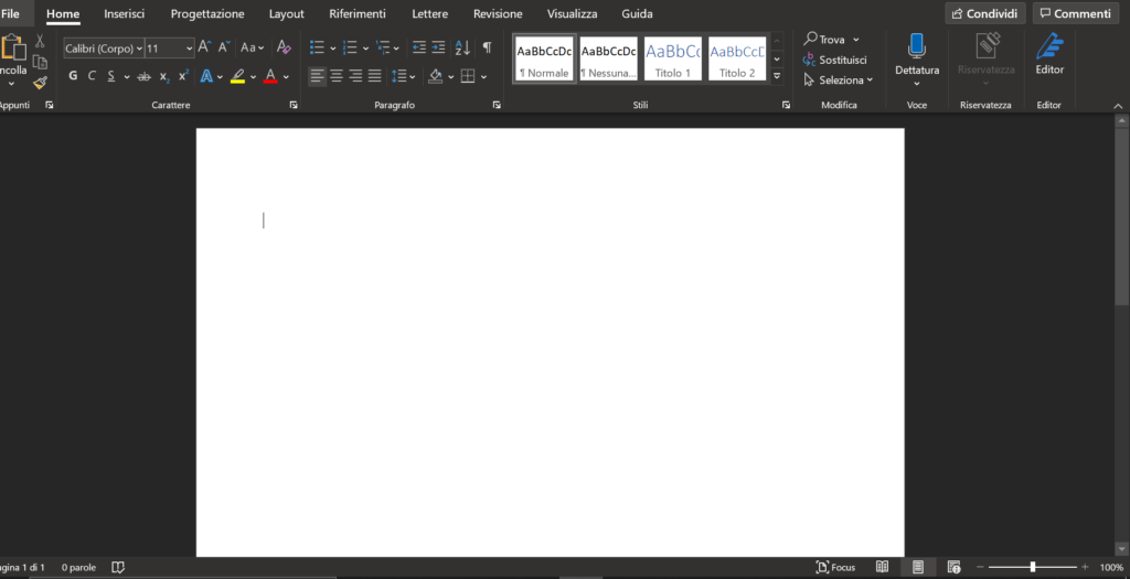 Microsoft Word dark mode o modalità scura
